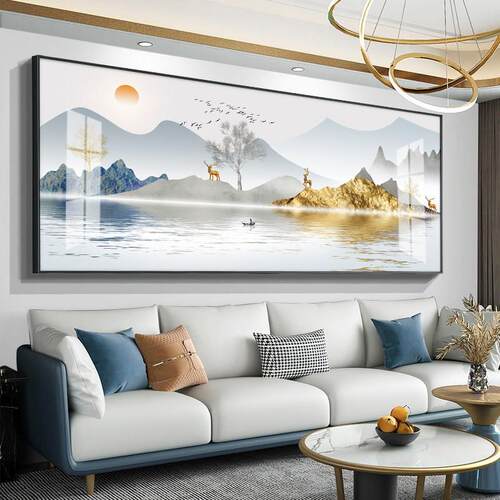 现代轻奢装饰画客厅日照金山富水图山水画背景墙壁画大气风景挂画