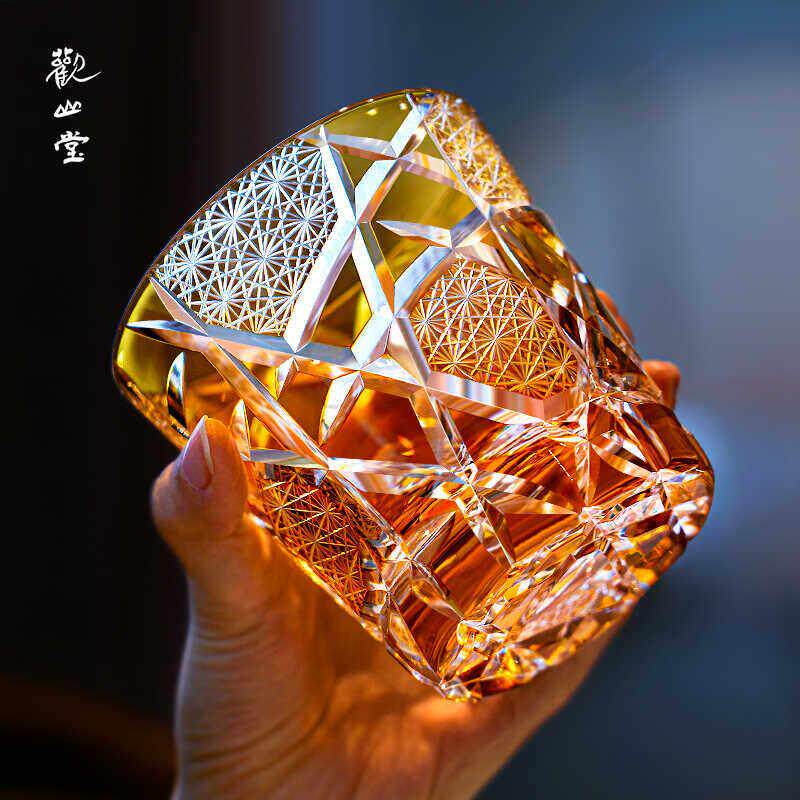观山堂手工刻花威士忌酒杯无铅玻璃洋酒杯琥珀金闪电纹江户切子杯