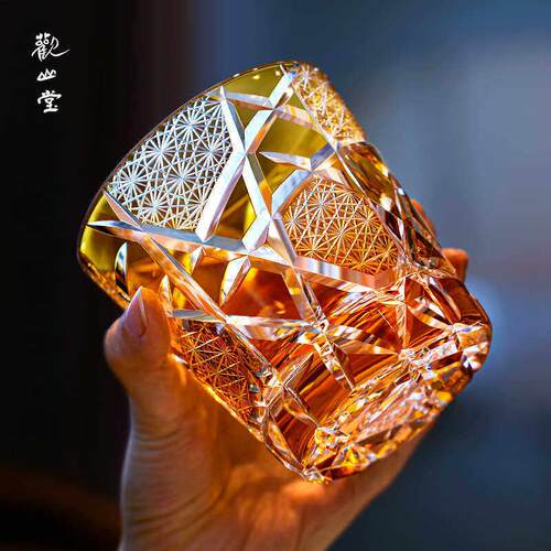 观山堂手工刻花威士忌酒杯无铅玻璃洋酒杯琥珀金闪电纹江户切子杯