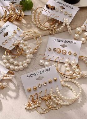 Fashion gold hoop earrings ladies pearl punk earrngs set耳饰