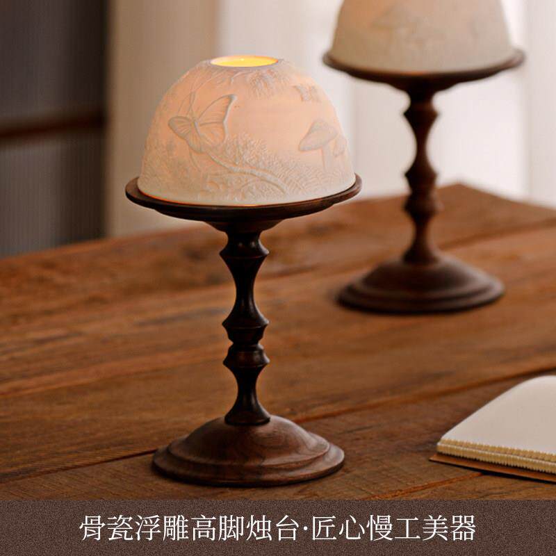 覆古北美胡桃木烛台 骨瓷透光罩 装饰香薰蜡烛浪漫餐桌边柜摆件