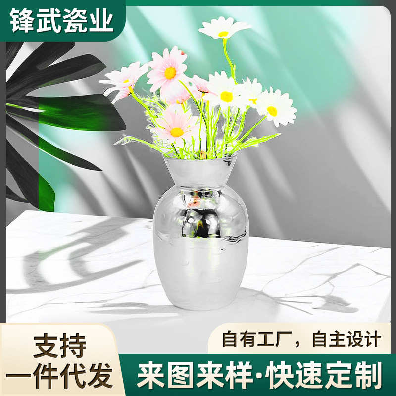 景德镇银色轻奢花瓶装饰品摆设陶瓷插花花瓶客厅电视柜酒柜摆件