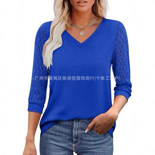 3 4 Sleeve Womens Tops V Neck Lace Tunic Casual Blouses 2025