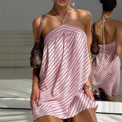 Dress Womens Ladies Casual Striped Print Halter Sleeveless