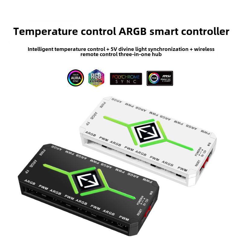 电脑rgb温控双九集线器 ARGB控制器神光同步机箱风扇二合一控制器