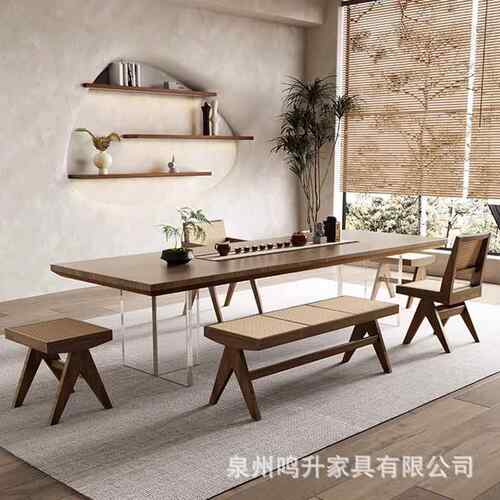 实木茶桌椅组合办公原木亚克力悬浮大板桌茶台现代侘寂风泡茶桌子