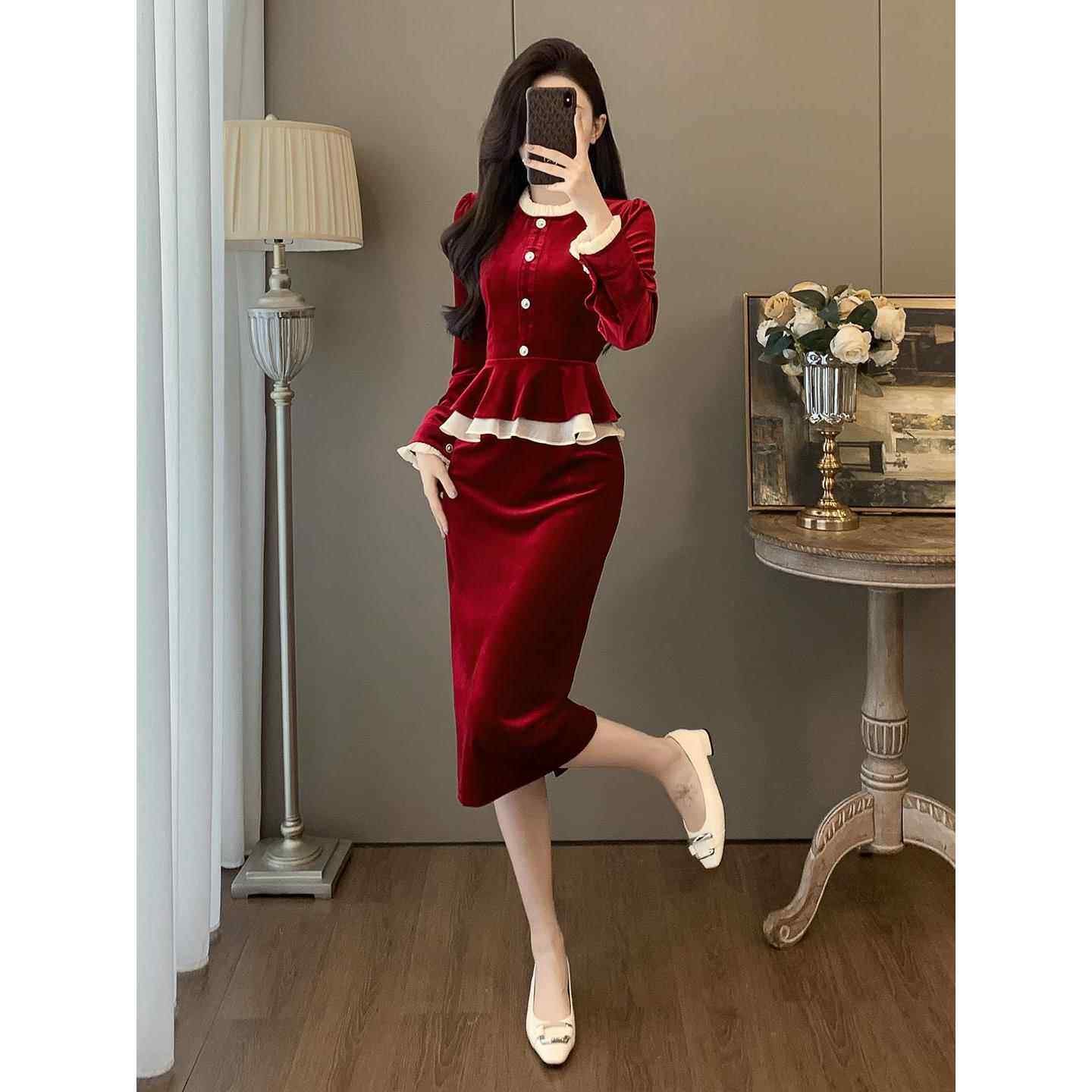 Ocnltiy丝绒半身裙套装女订婚连衣裙礼服日常可穿敬酒服结婚红裙