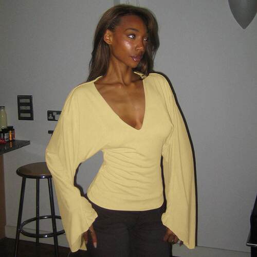 Elegant Womens Solid Color Long Sleeve TShirt Sexy Deep V