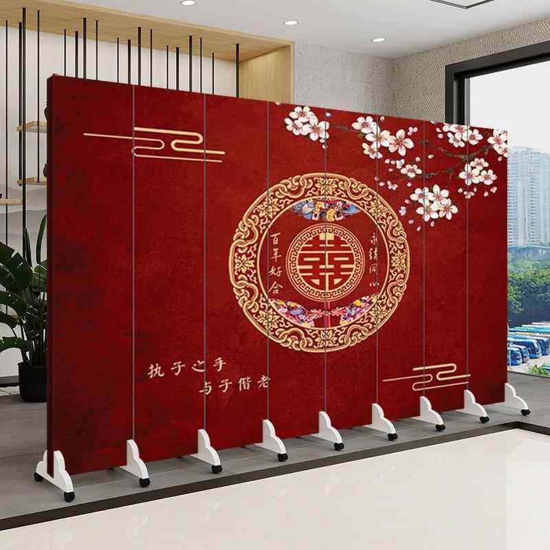 红色折屏风中国默认红动结婚拜堂背景餐厅酒店房间布结婚屏风叠移