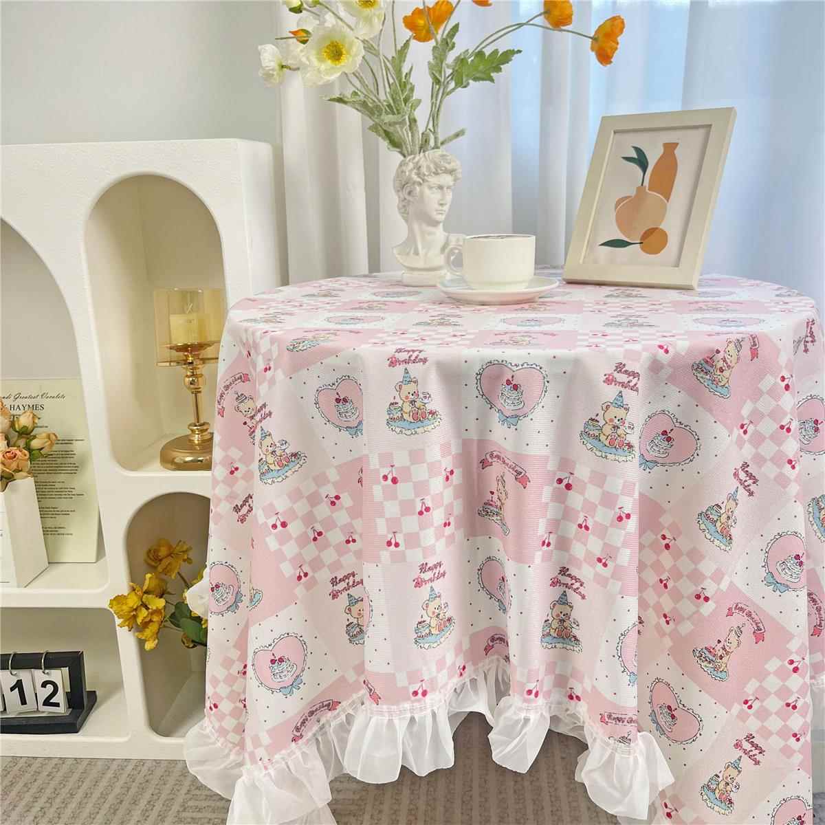 田园风花边ins风桌布少女卡通碎花圆桌方桌学生书桌垫网红绒布艺