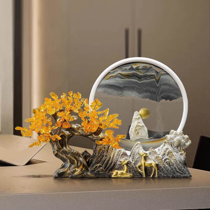 办公室发财树流沙画摆件新中式客厅电视柜玄关沙漏解压招财装饰品