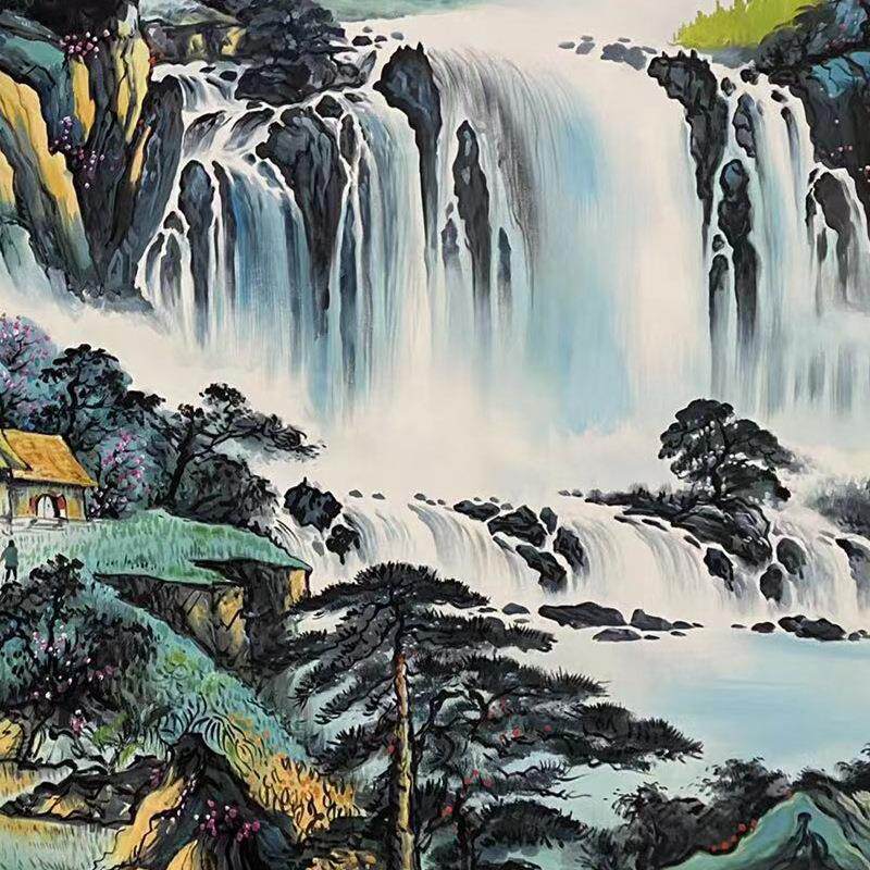 新中式纯手绘油画源远流长风景画靠山图办公室会议室客厅大幅挂画