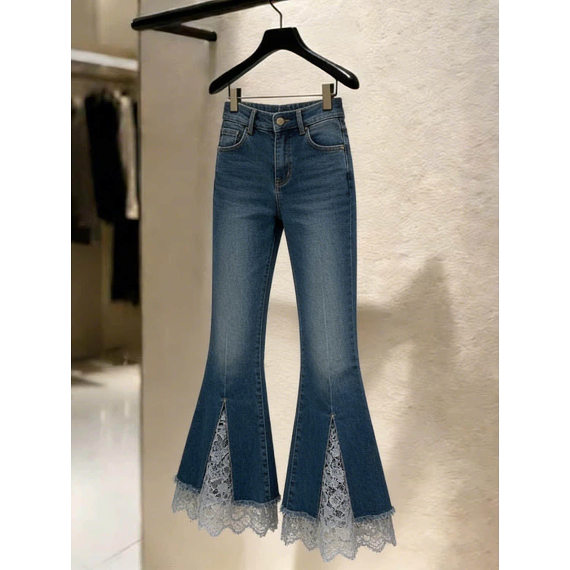 蓝色蕾丝拼接喇叭裤牛仔裤女夏季流行新款高腰休闲时尚洋气阔腿裤