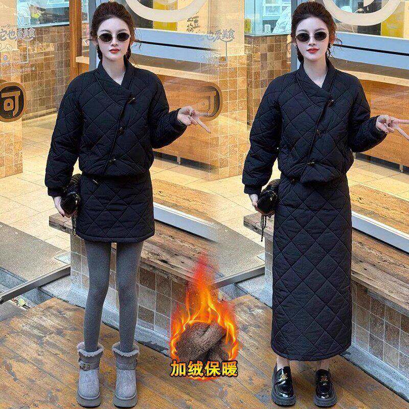 香港代购时尚棉服套装裙女冬季新款洋气加绒棉服外套半身裙两件套