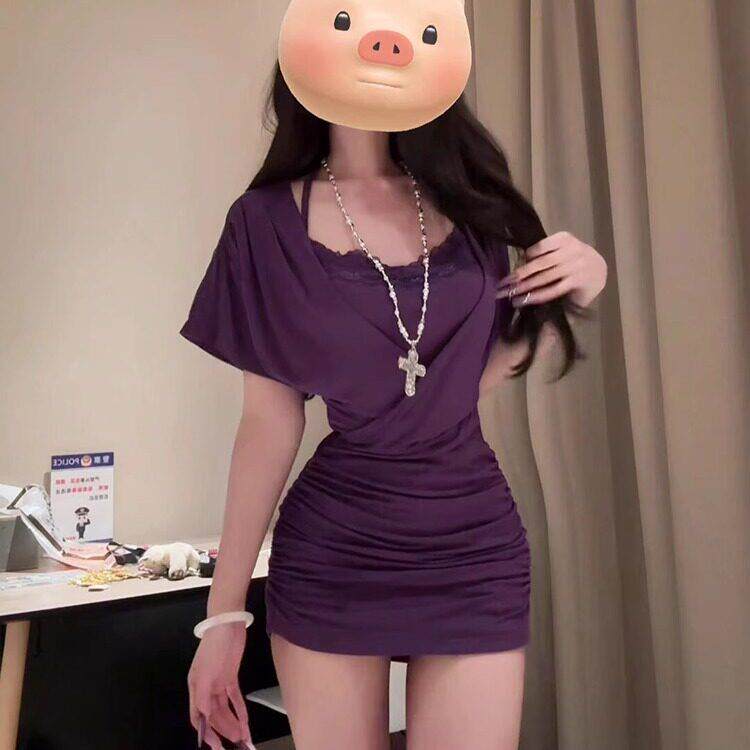 纯欲辣妹紫色洋装女装夏季掐腰显瘦包臀短裙今年流行的漂亮裙子