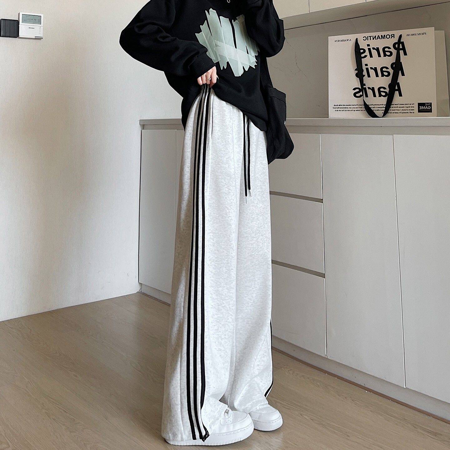 美式条纹运动裤女秋季直筒卫裤小个子初中生束脚宽松阔腿休闲裤子