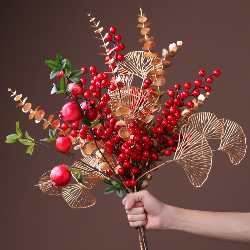 冬青红果发财果花艺假花仿真花束摆设2024新年装饰摆件客厅插花