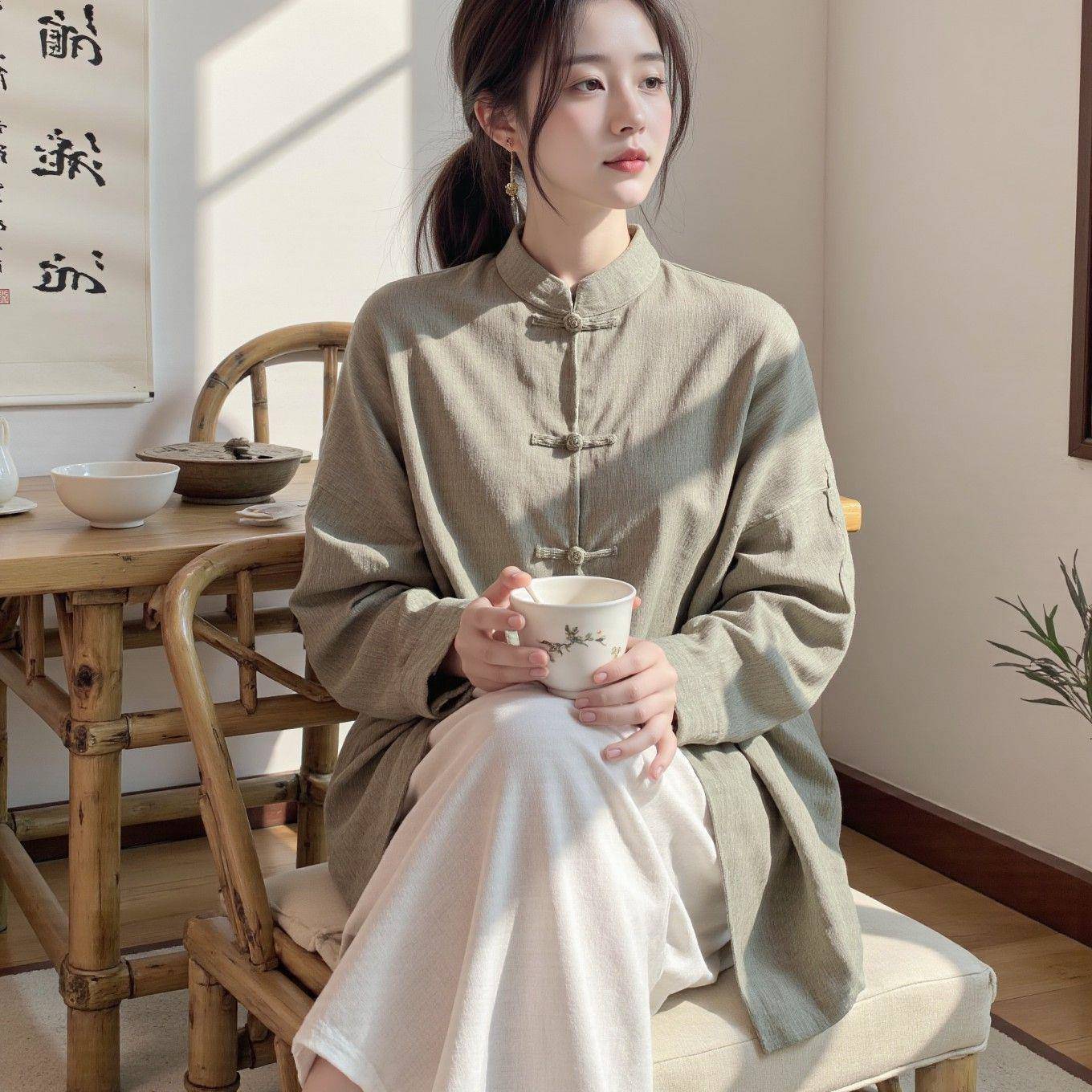 好货佛系禅意素色宽松休闲茶服衫女式中长款棉麻长袖衬衫阔腿裤两
