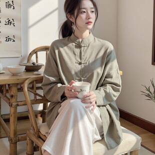 好货佛系禅意素色宽松休闲茶服衫女式中长款棉麻长袖衬衫阔腿裤两