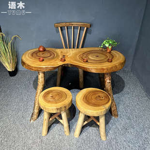实木香樟木阳台小桌家用吃饭喝茶茶桌根雕桌民宿风批 W8小型餐桌