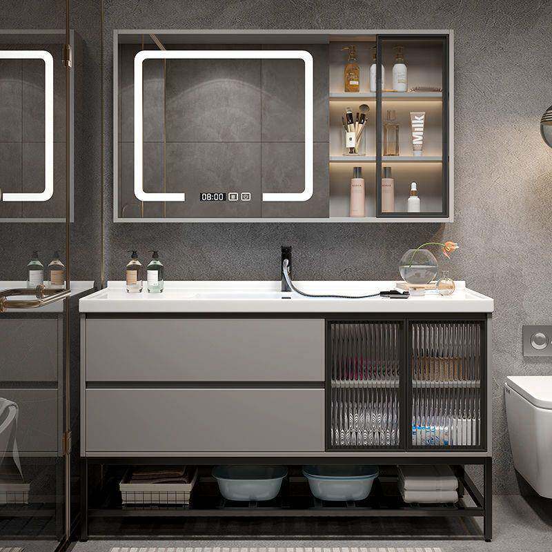 岩板简约一体式陶瓷一体盆智能实木浴室柜组合卫生间洗漱台轻奢风