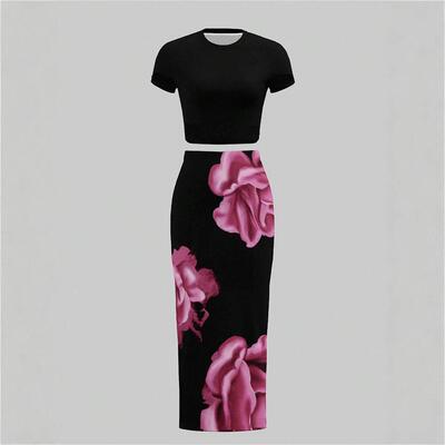 Womens Plain Tee Floral Print Skirt Twopiece Set Outfit
