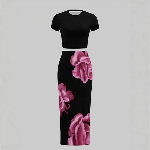 Womens Plain Tee Floral Print Skirt Twopiece Set Outfit