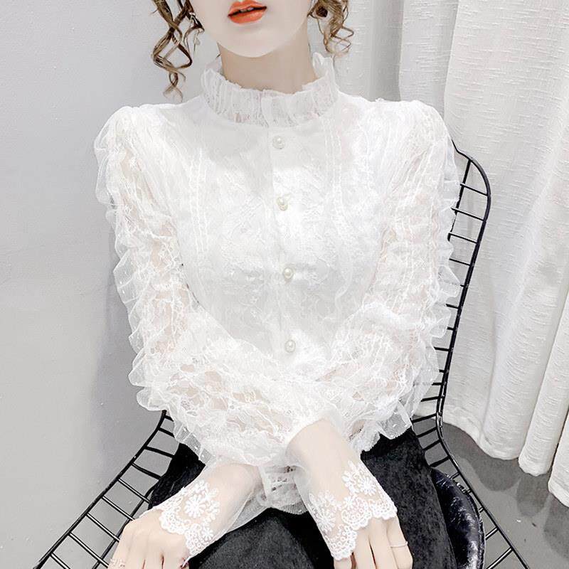 蕾丝打底衬衫女春秋2025年新款洋气修身内搭设计感小众立领上衣女
