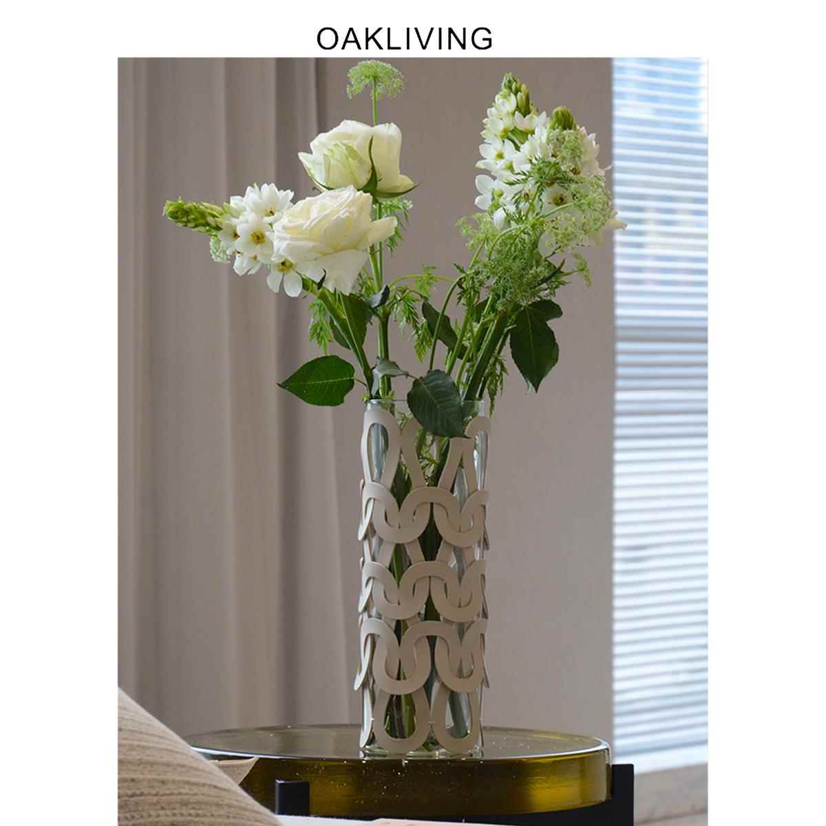 oakliving简约皮革玻璃花瓶现代皮质编织客厅桌面装饰花器轻奢