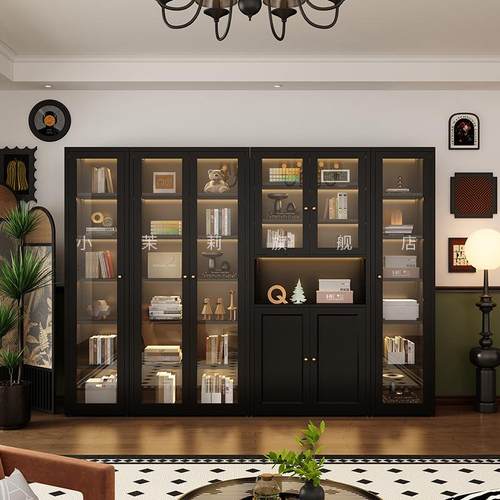 法式复钢制柜带玻璃书门客厅整墙合柜子杂志组柜落地书古架809960