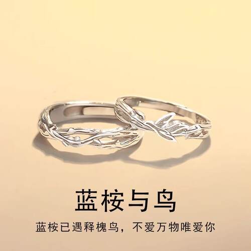 蓝桉与鸟情侣对戒纯银戒指一对款定情信物新款刻字纪念礼物送女友