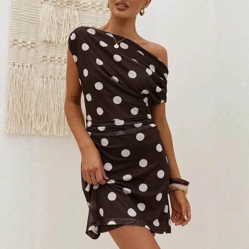 Polka Dot Mesh One Shoulder Mini Dress Women Tulle Casual