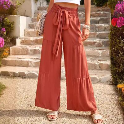 Women's clothing strap splicing high waist wide leg pants