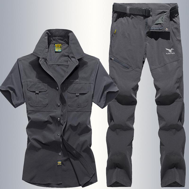 夏季弹力户外速干衣裤套装衬衫短袖男冰丝登山徒步服装1028