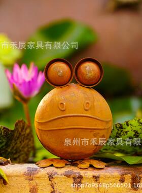 跨境蛙卖生锈铁艺雕像摆GJB件花园庭院，艺术装热饰摆件青造型摆