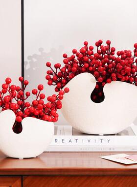 现代简约红果蛋壳陶瓷花瓶玄关柜斗柜客厅鞋柜摆件书房喜庆装饰品