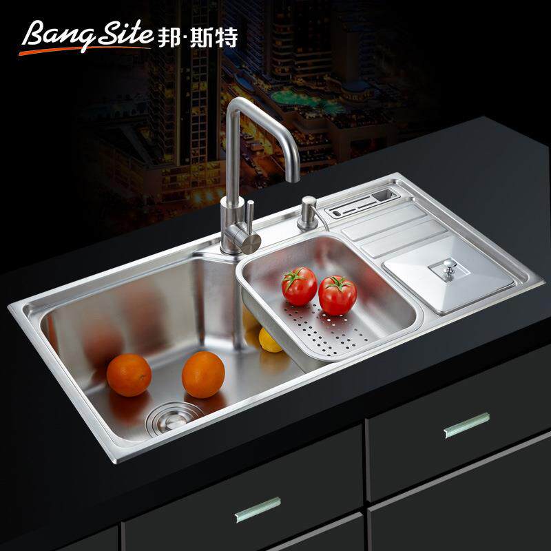 多功能304不锈钢水槽套装 一体成型厨房洗菜盆大单槽带垃圾桶8845