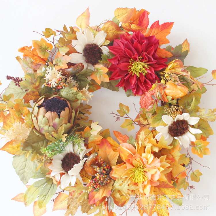 电商秋色感恩丰收节枫叶南瓜浆果真藤编制花环家居装饰