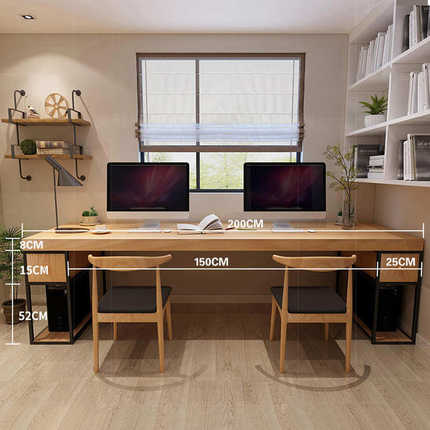loft实木双人电脑台式桌家用靠墙超大办公桌带抽屉电竞桌长条书桌