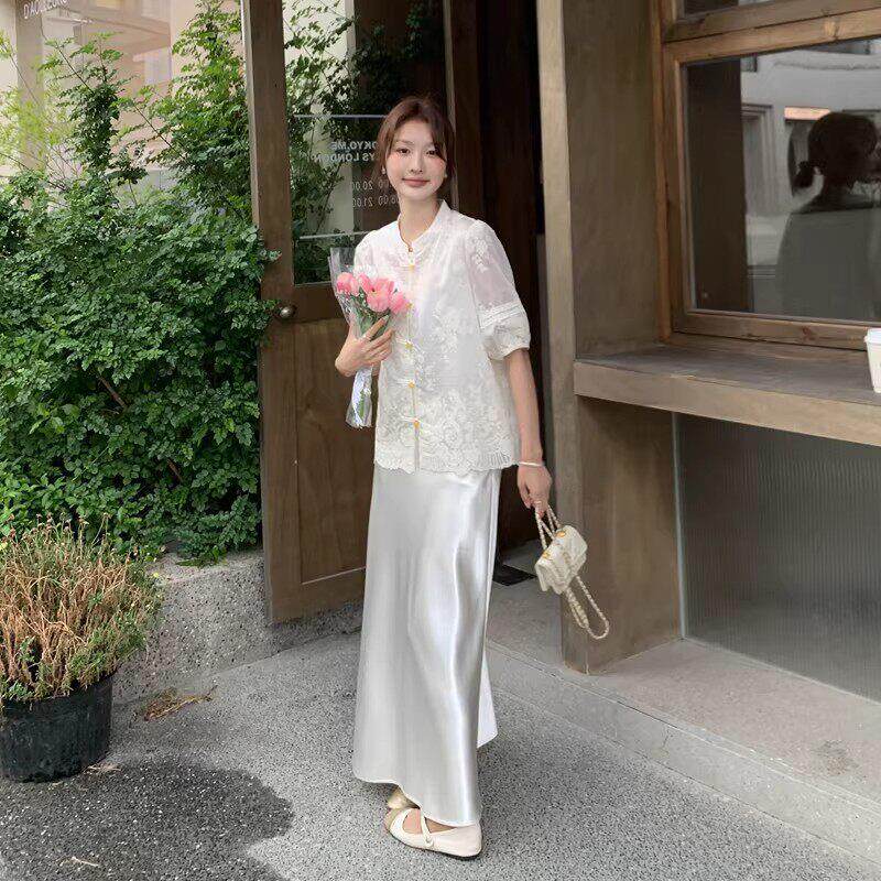 Rouje Moaks新中式国风套装女夏蕾丝开衫上衣真丝半身裙两件套裙