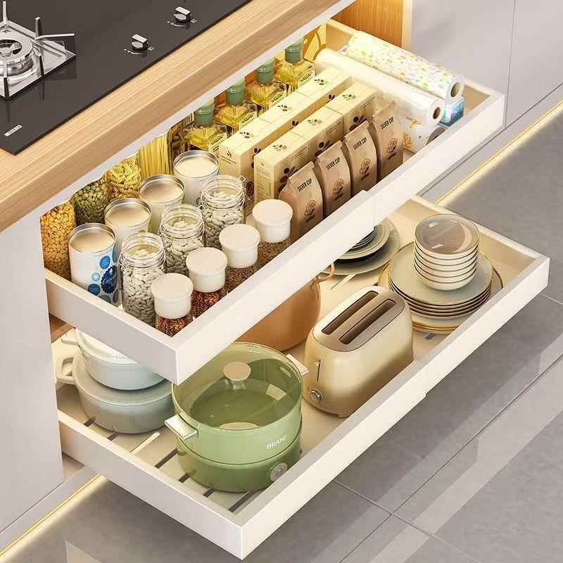 厨房可伸缩收纳架免打孔拉篮抽屉式橱柜碗碟调料下水槽抽拉置物架