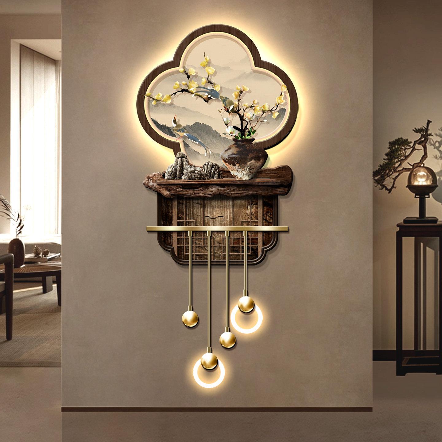 宋代美学花鸟玄关装饰画入户高档走廊过道墙挂画高级感格栅壁灯画