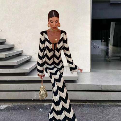 Women's Long Sleeve Knit Chevron Dress Beach-Ready Cover-Up
