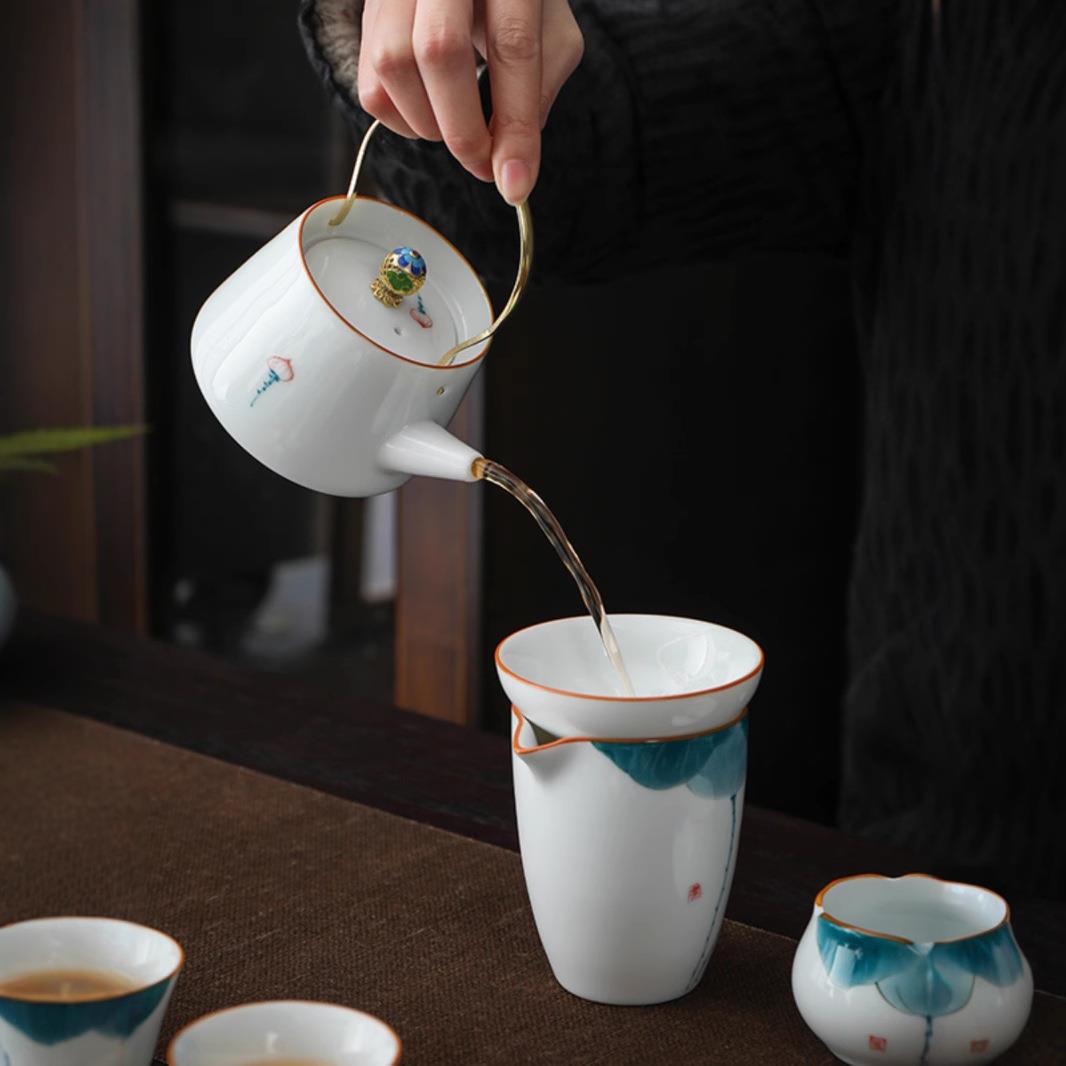 手绘荷韵茶具套装泡茶陶瓷整套家用茶艺工具盖碗茶壶高档简约茶器