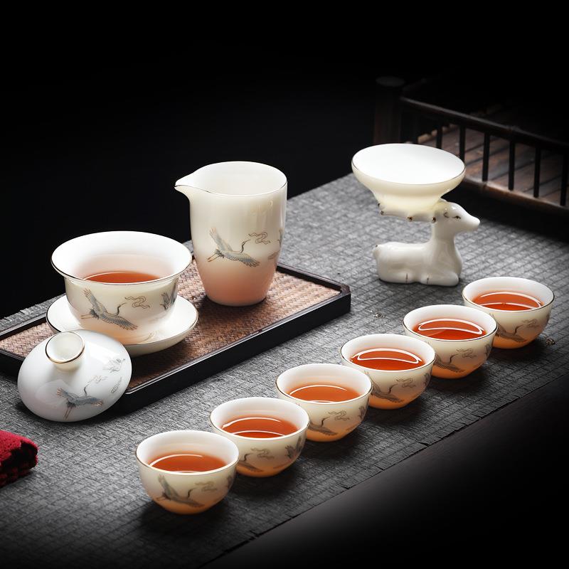 新款功夫红茶套装羊脂玉茶具玻璃不烫手盖碗泡茶白瓷家用送礼茶杯