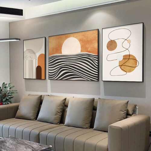 背景线条墙组合现代壁画客厅橙色福三联简约装饰画沙发挂画抽象鹿