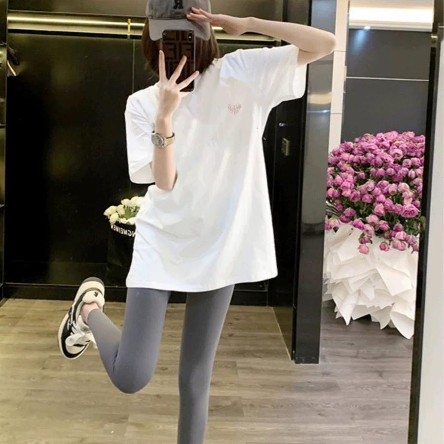 欧货夏季宽松圆领2025新款短袖t恤女棉质中长款百搭减龄白色上衣