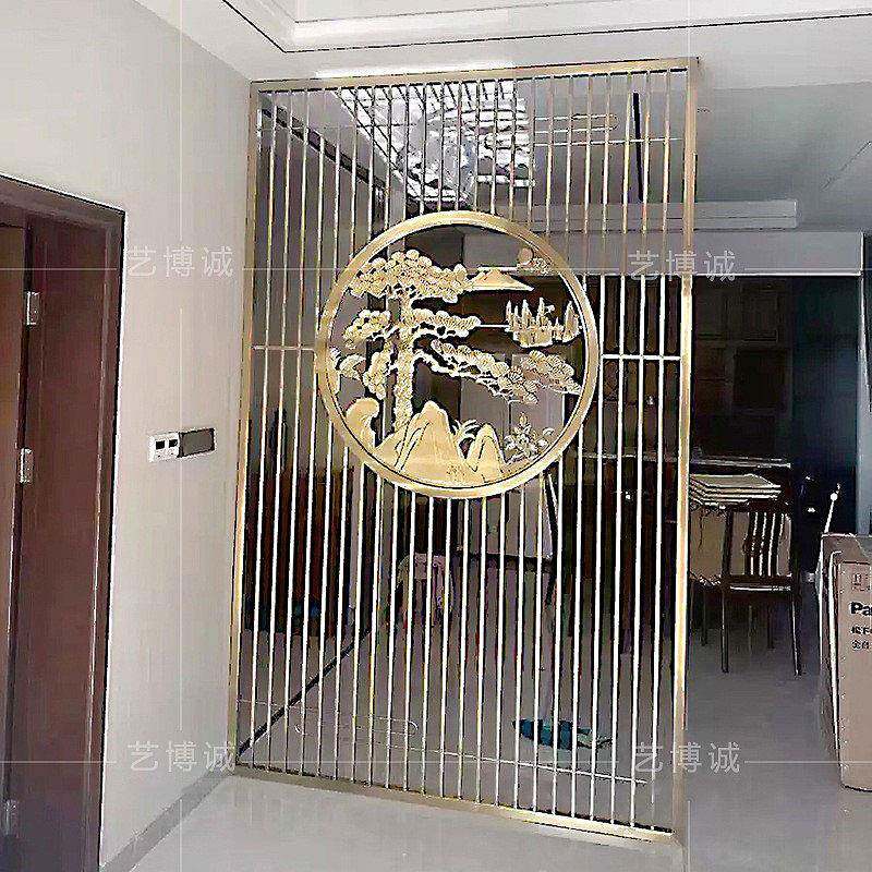 酒店轻奢入户花格金属格栅玄关铝板迎客松新中式不锈钢客厅屏风