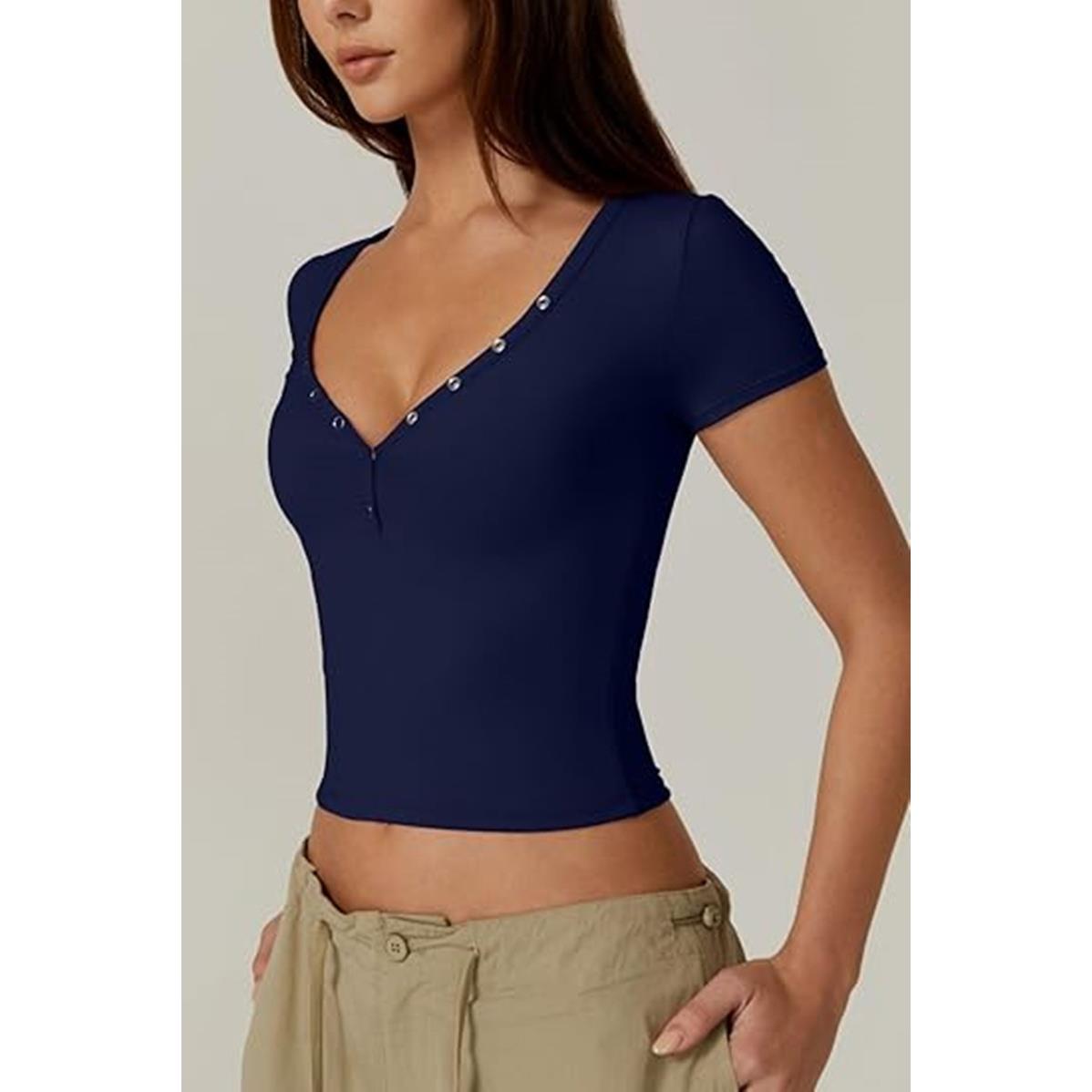 new simple crop collar tops casual open sexy fit -shirt
