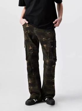 新因素美式复古炮弹迷彩工装牛仔裤宽松修身男款伐木高街微喇裤子